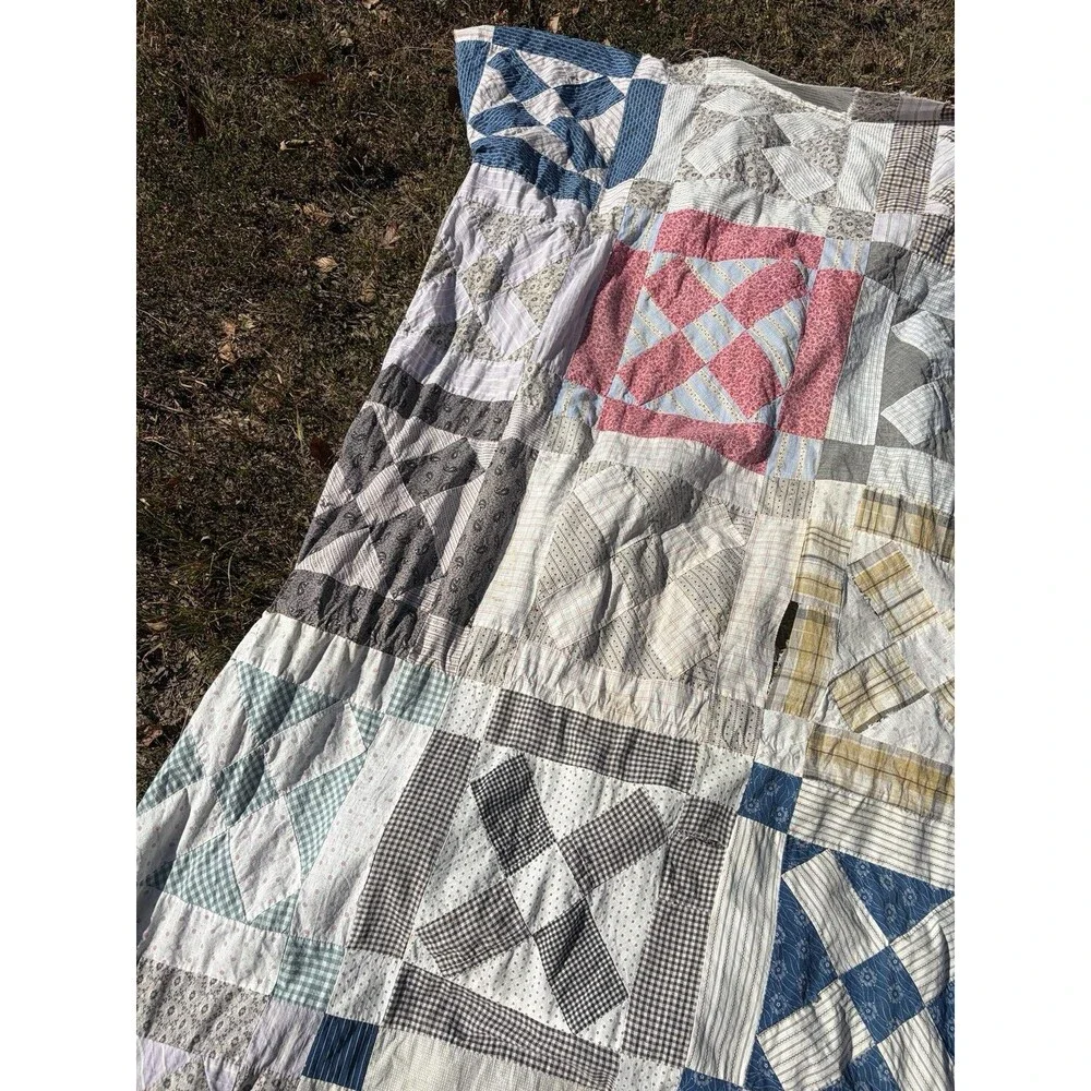 Early 1900’s Hand Stitched Quilt Top Only Shirt Fabric Feed Sack Cotton 74x 61
